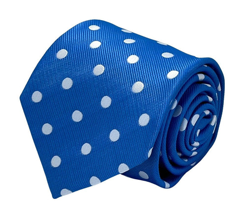 Medium electric blue tie with white polka spots